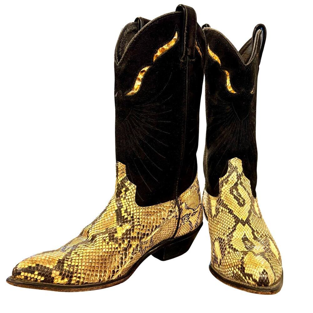 VTG Code West Black Leather & Faux Snake Skin Cowboy Boots, Women's 8.5 M